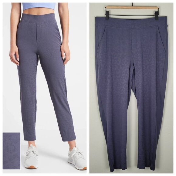 Athleta Brooklyn Textured Ankle Pant Leopard Print Medieval Violet Blue Size 14 - Picture 1 of 13